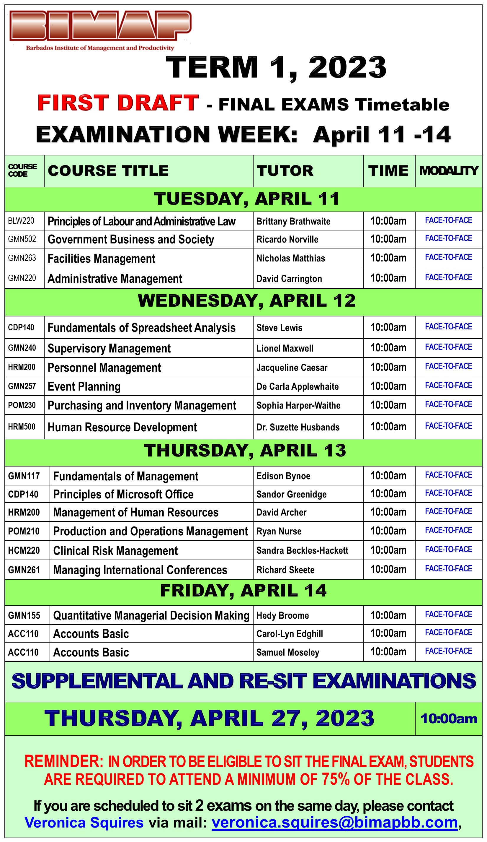 BIMAP Term 1 2023 Examination Schedule first draft